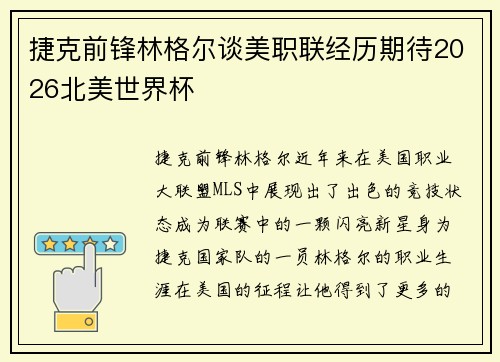 捷克前锋林格尔谈美职联经历期待2026北美世界杯 捷克前锋林格尔谈美职联经历期待2026北美世界杯