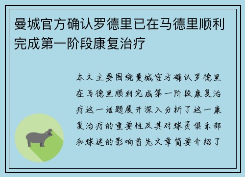 曼城官方确认罗德里已在马德里顺利完成第一阶段康复治疗 曼城官方确认罗德里已在马德里顺利完成第一阶段康复治疗