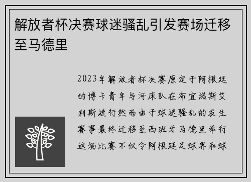 解放者杯决赛球迷骚乱引发赛场迁移至马德里